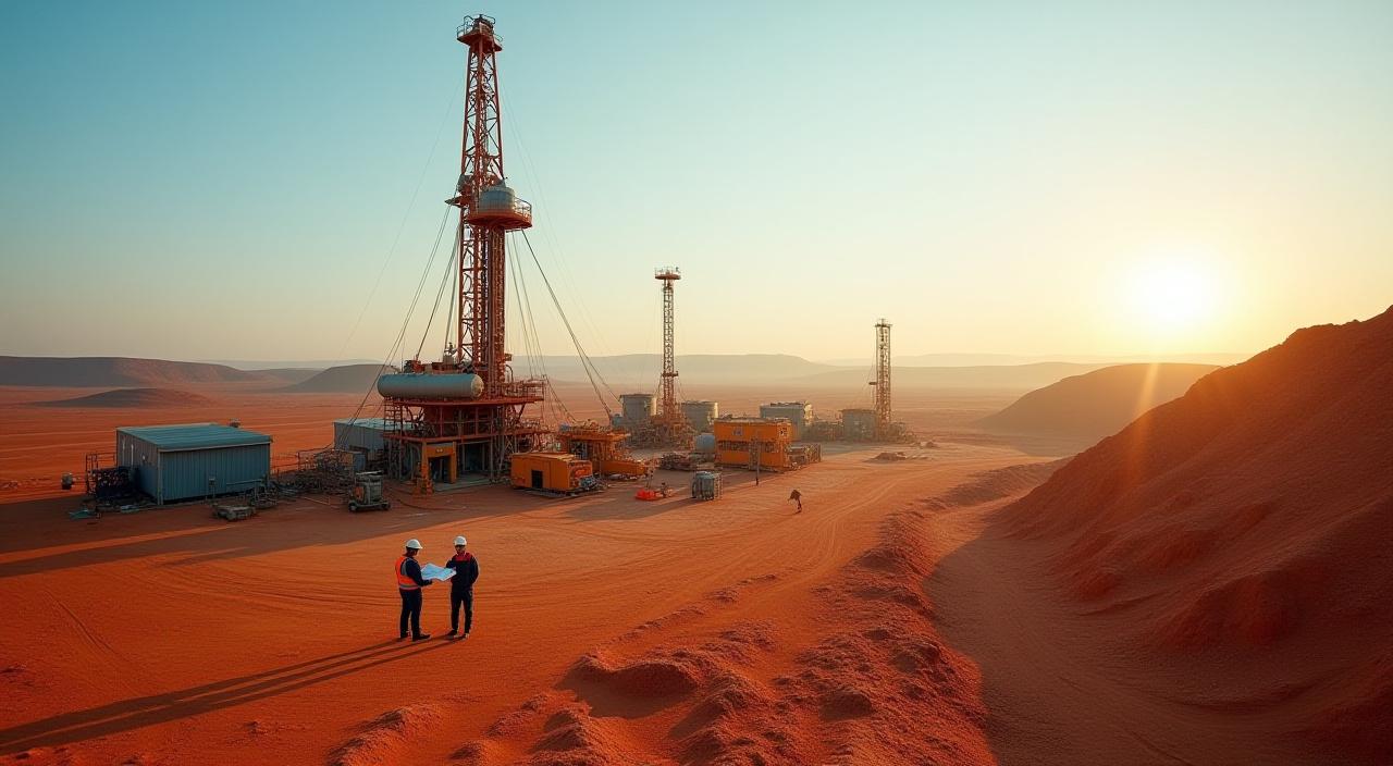 Open pit mining exploration site with surveyors and drilling equipment